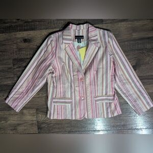 QVC Dialogue Pink Striped Blazer w/ Pink Buttons & Back Strap Size Large NWT